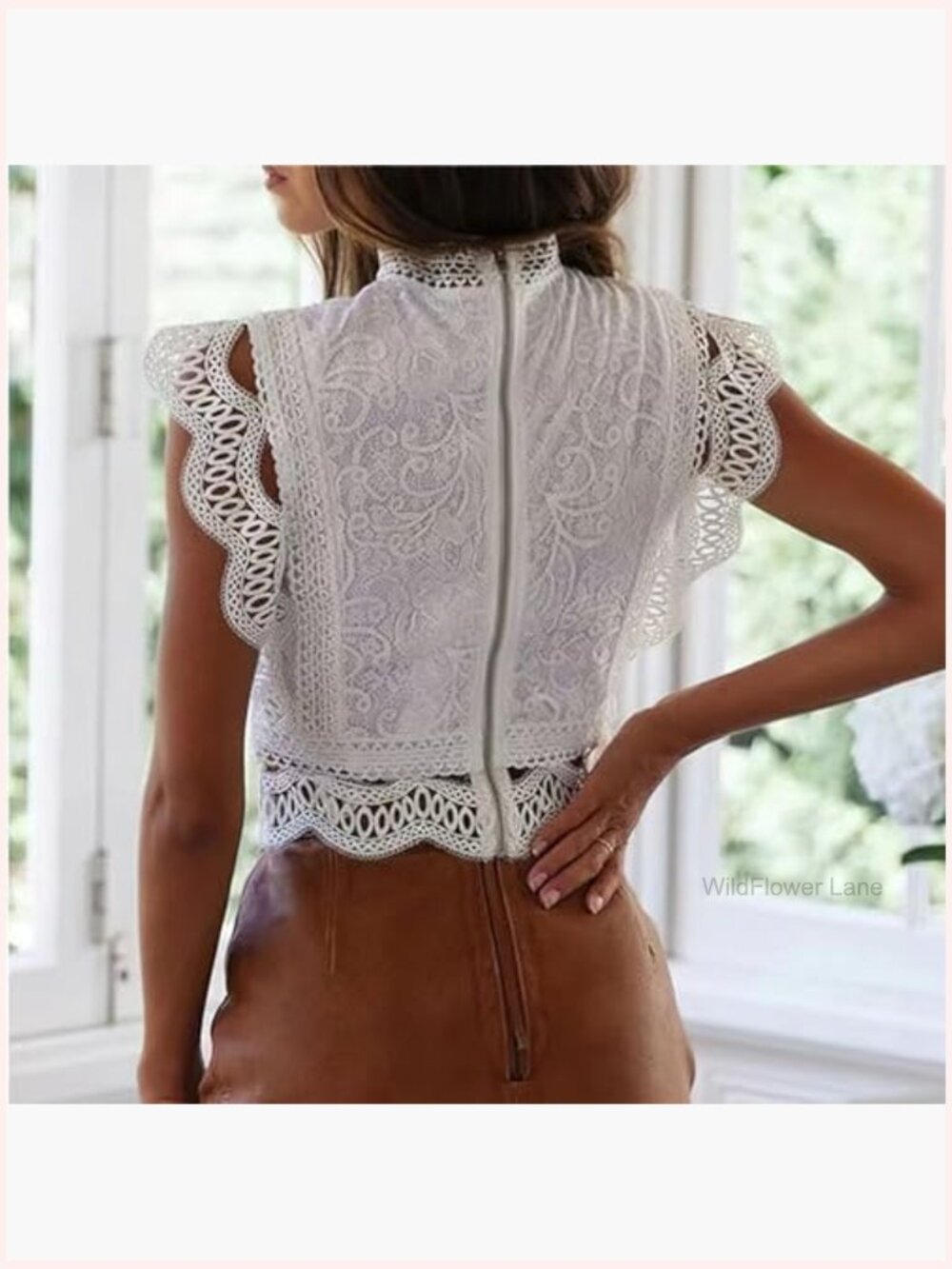 Sleeveless Lace Blouse Elegant Ruffle Trim Summer Top - Picture 5 of 6